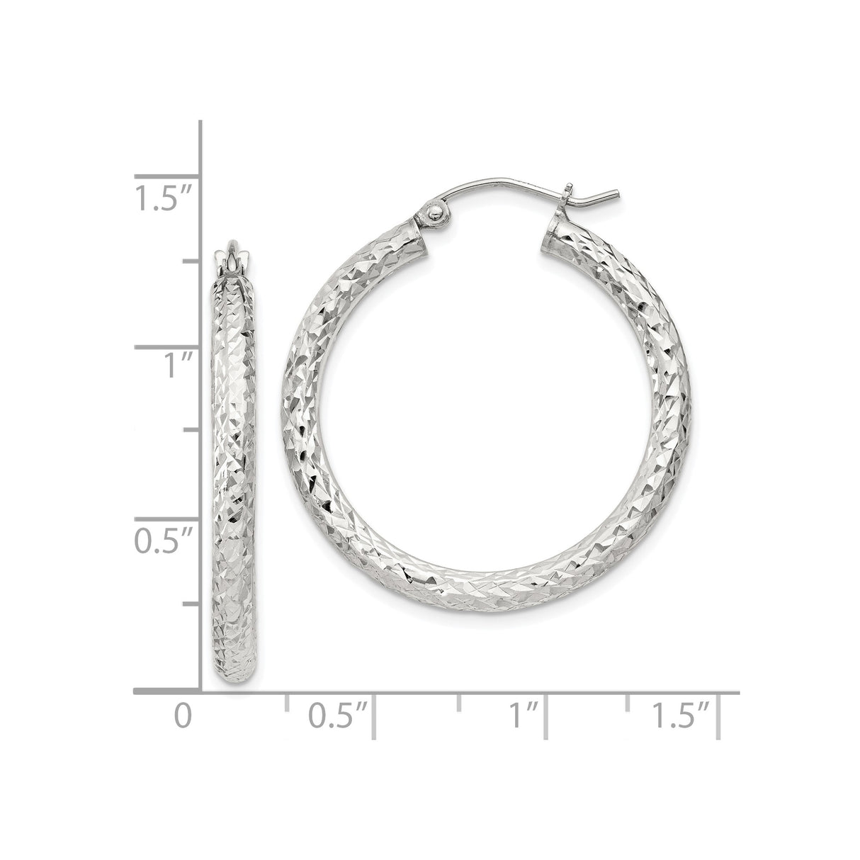 Sterling Silver Hoop Earrings, Diamond Cut Textured Round Hoops with High Polish Finish