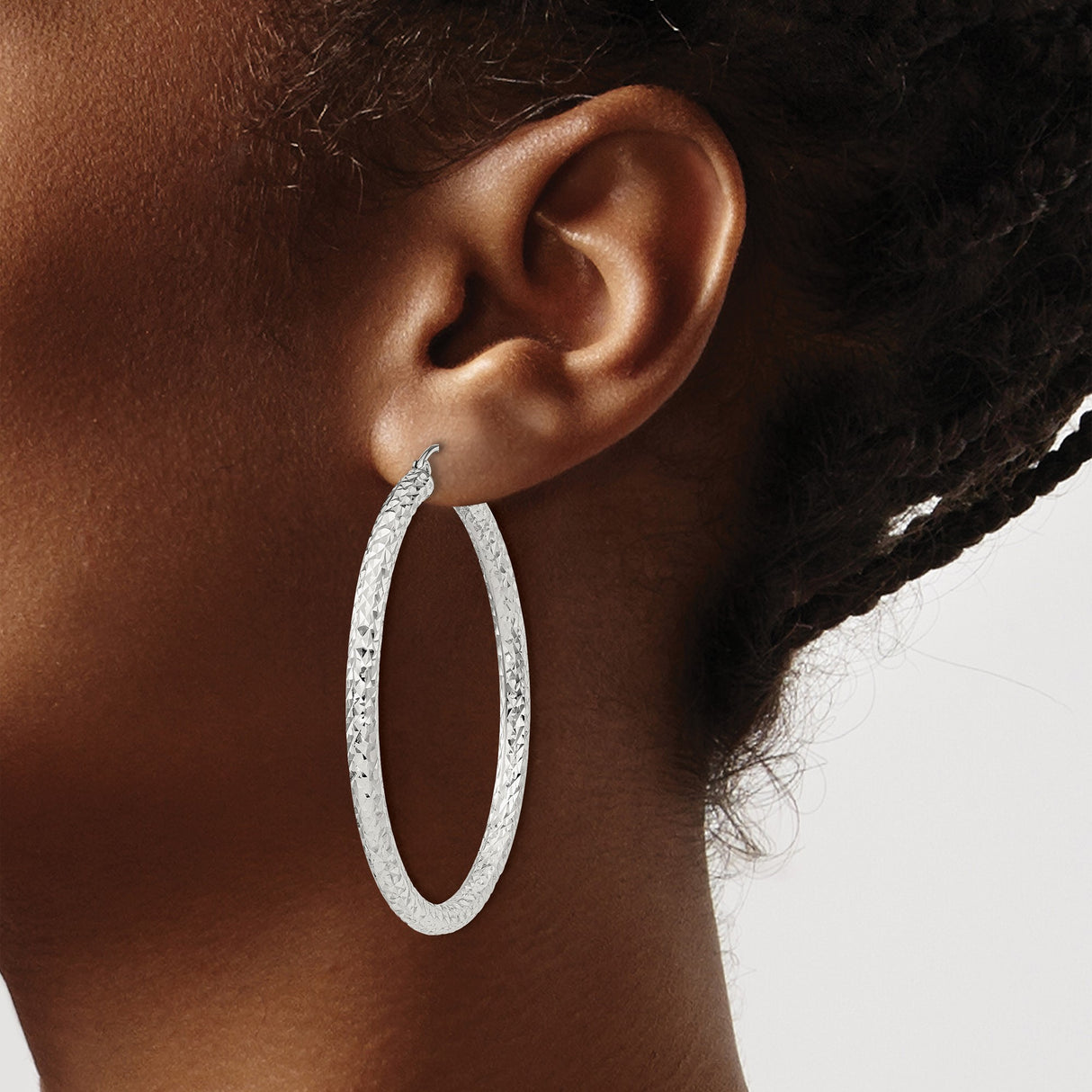 Sterling Silver Hoop Earrings, Textured Round Design with Diamond Cut Finish, Latch-Back Closure