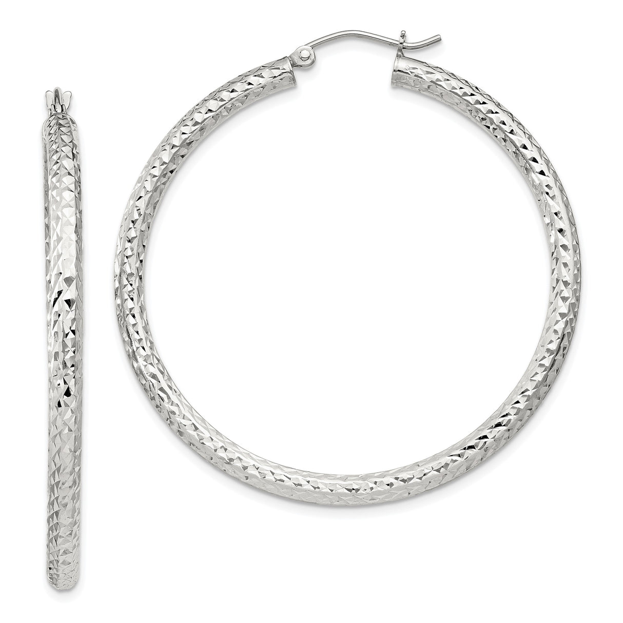 Sterling Silver Hoop Earrings, Textured Round Design with Diamond Cut Finish, Latch-Back Closure