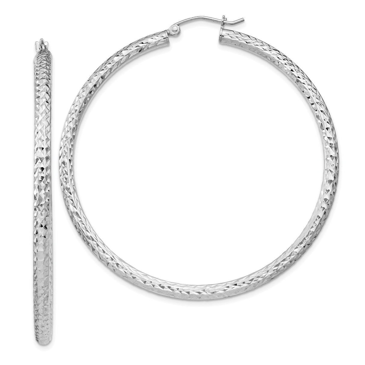 Sterling Silver Hoop Earrings with Diamond-Cut Textured Round Design and Latch Closure