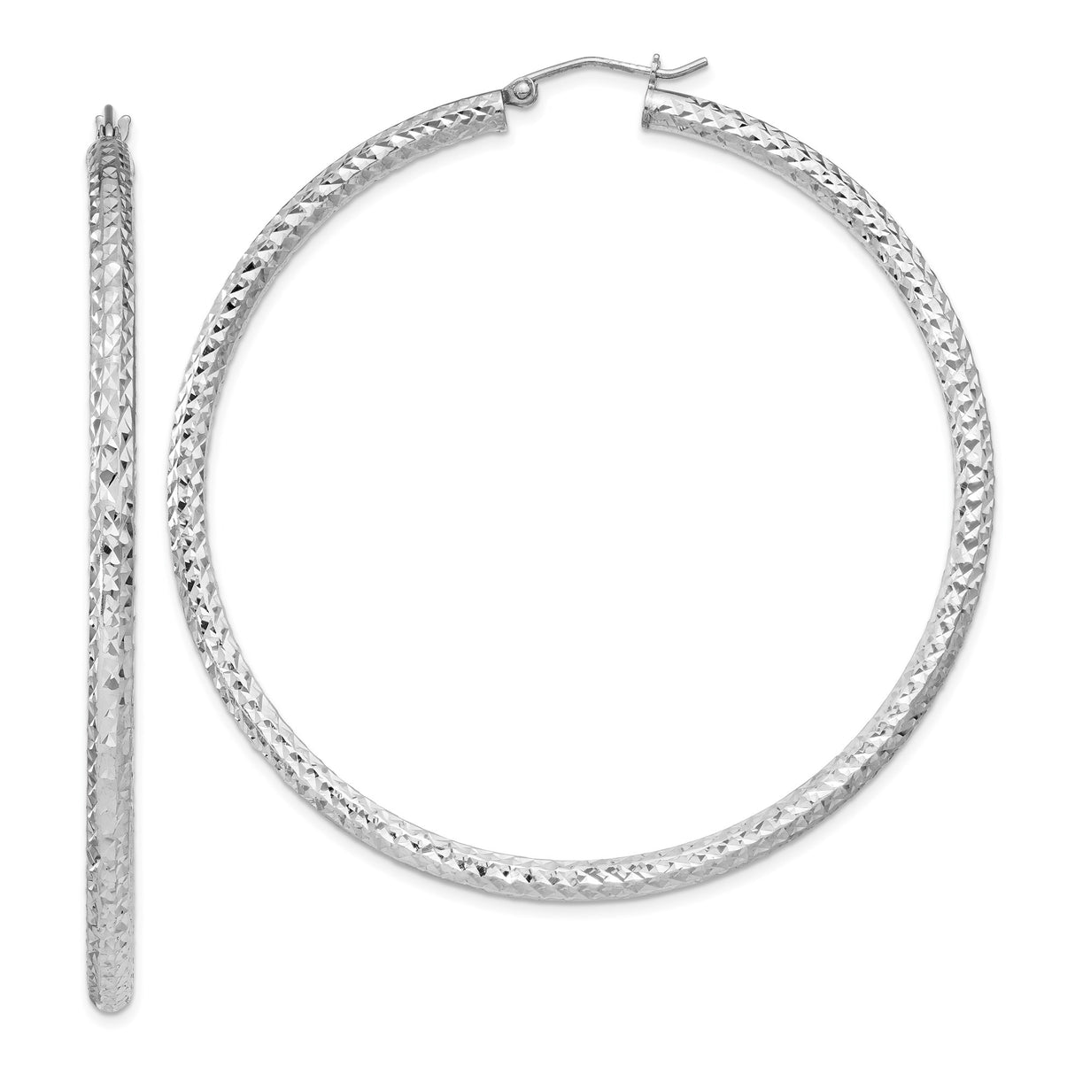 Sterling Silver Hoop Earrings, Large Textured Diamond-Cut with High Polish Finish