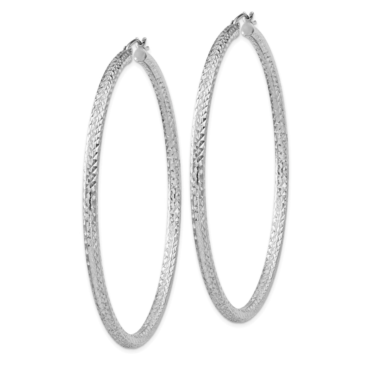 Sterling Silver Large Hoop Earrings, Textured Diamond-Cut Circular Design, Hinged Closure