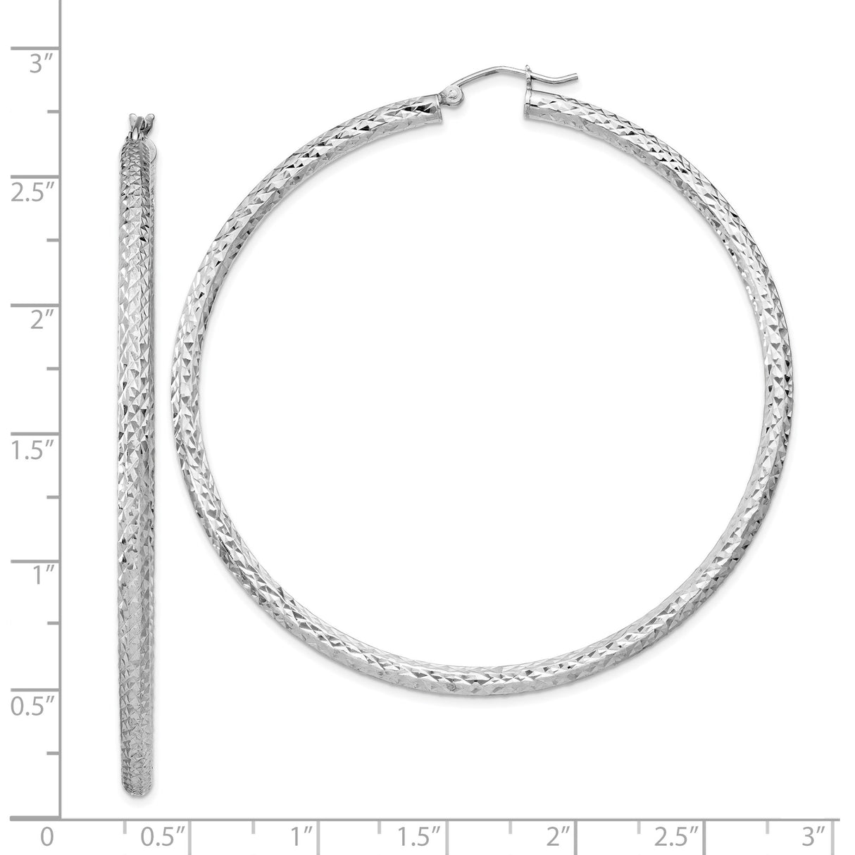 Sterling Silver Large Hoop Earrings, Textured Diamond-Cut Circular Design, Hinged Closure