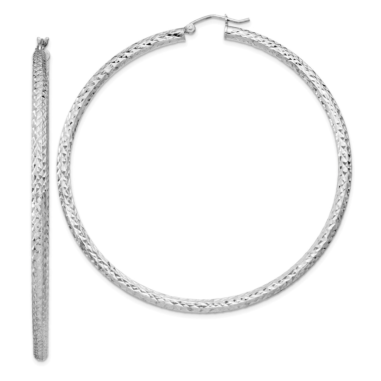 Sterling Silver Large Hoop Earrings, Textured Diamond-Cut Circular Design, Hinged Closure