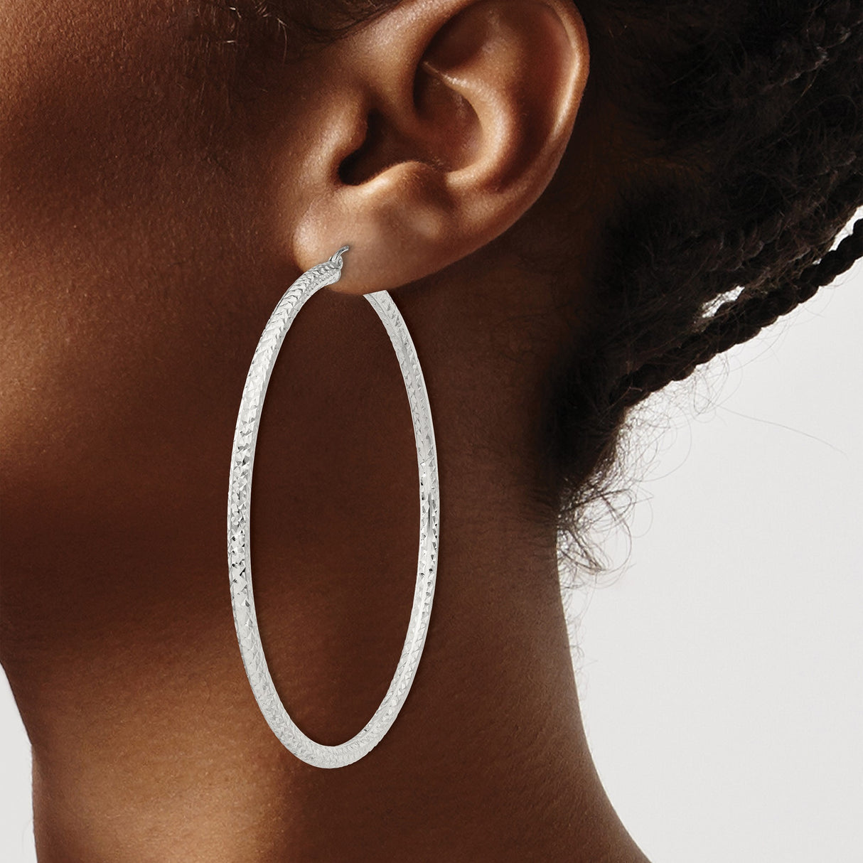Sterling Silver Hoop Earrings, Large Diamond-Cut Textured Lightweight Design