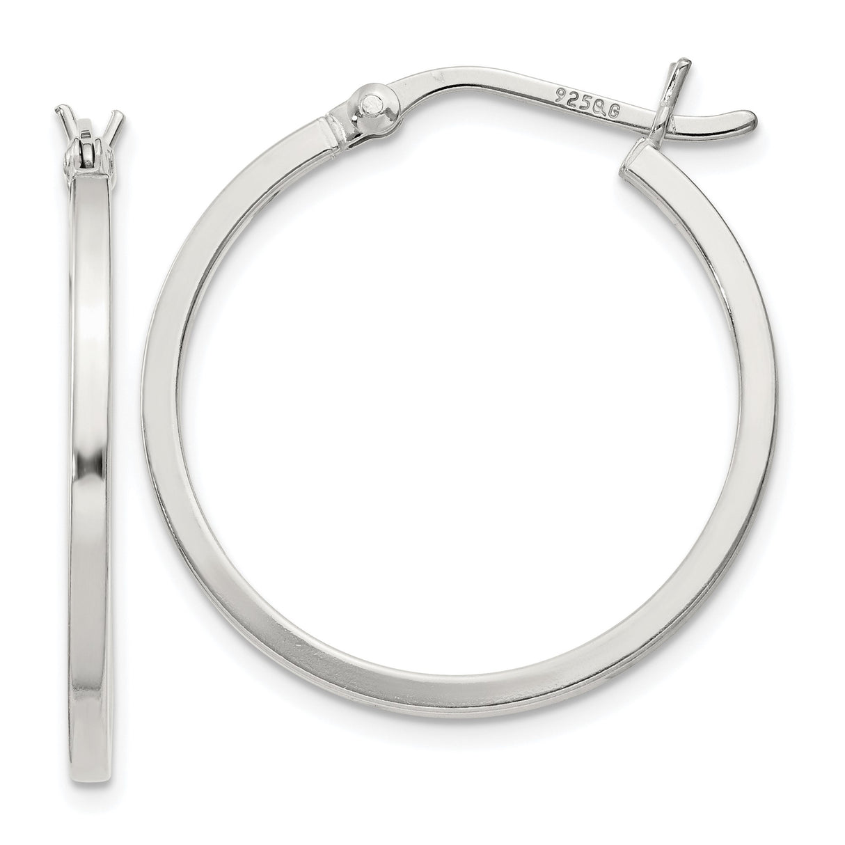 Sterling Silver Hoop Earrings, Flat Polished Design with Latch Back Closure, Minimalist Style