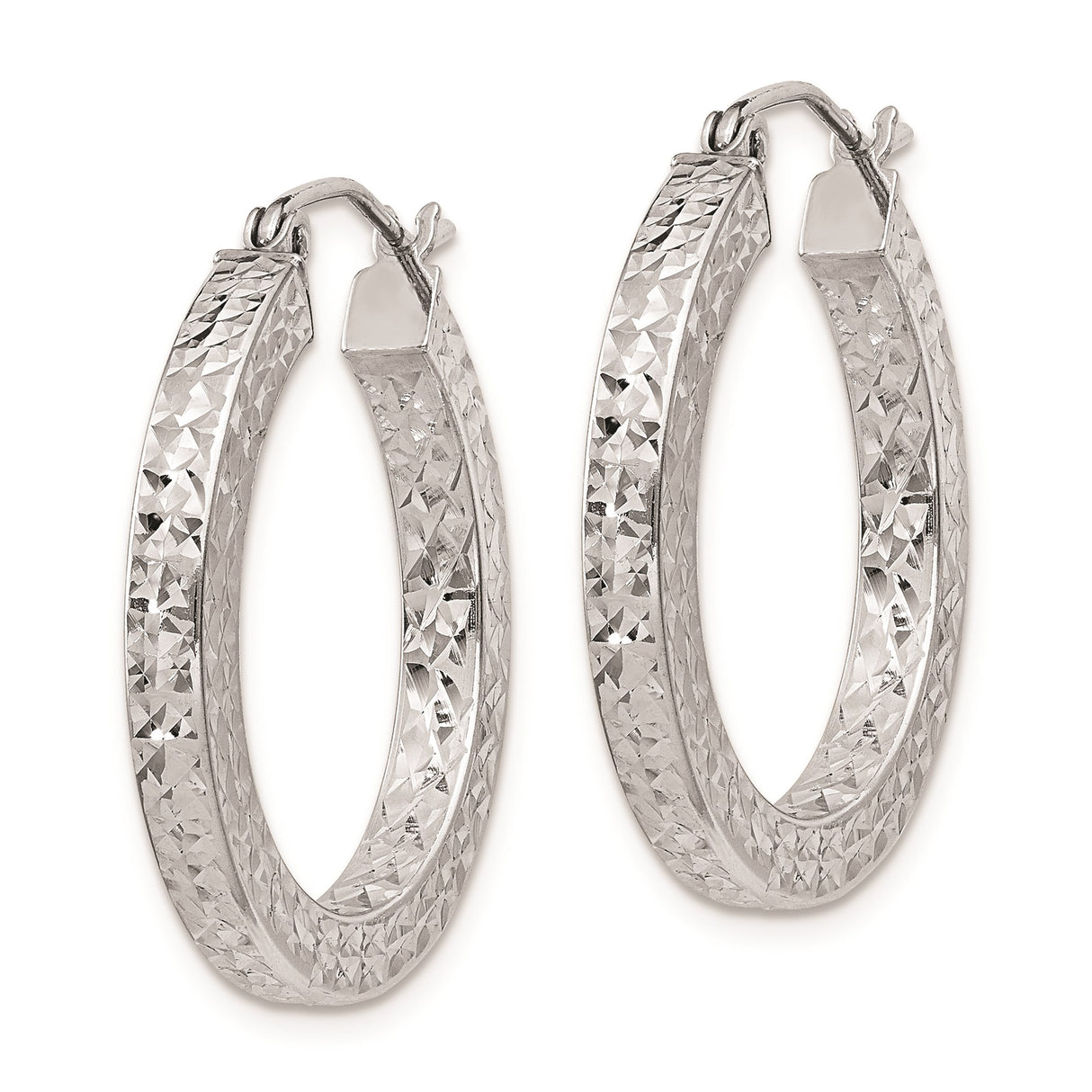 Sterling Silver Hoop Earrings with Diamond Cut Texture, Rhodium Plated Round Design