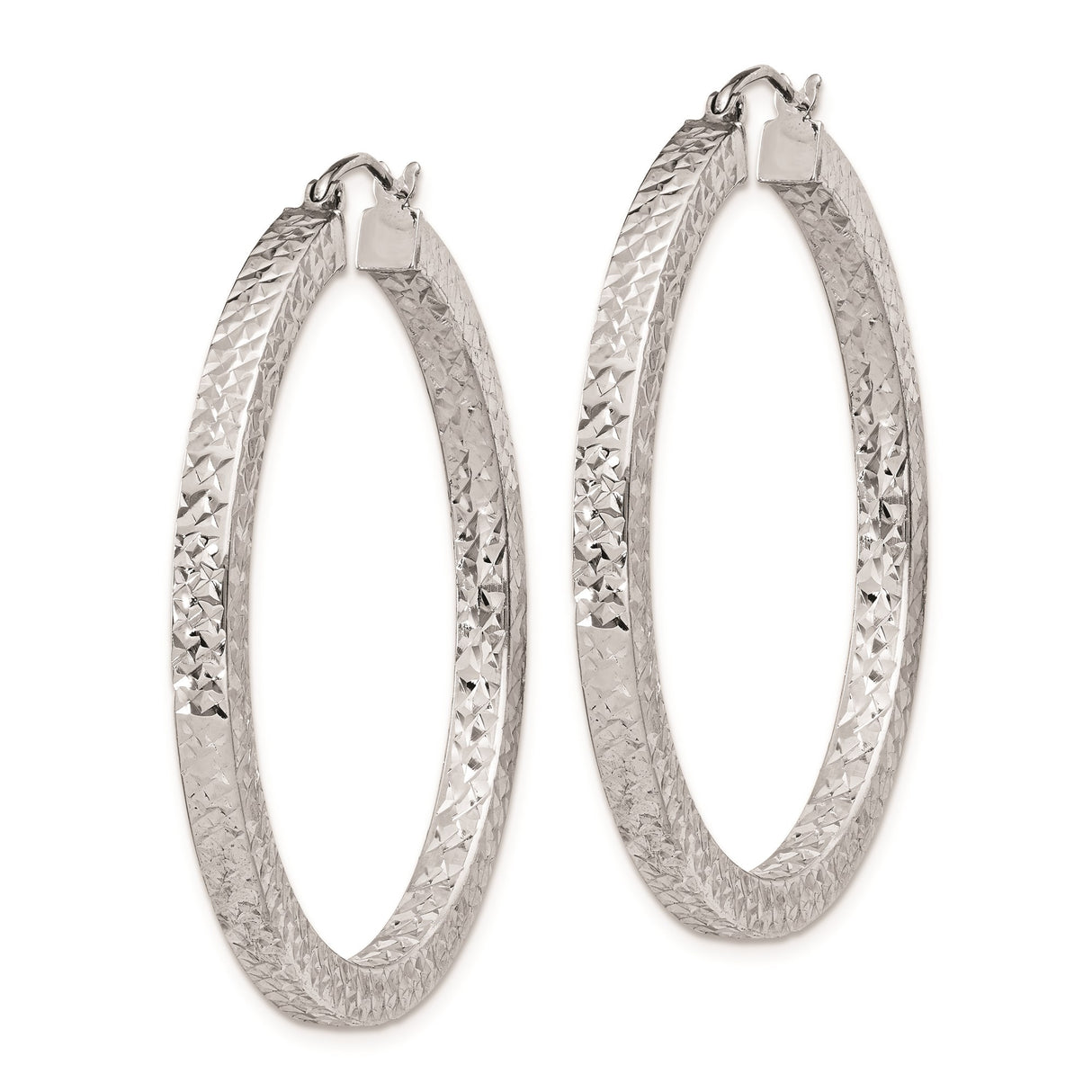Sterling Silver Hoop Earrings, Large Textured Diamond Cut Rhodium Plated Polished Hoops