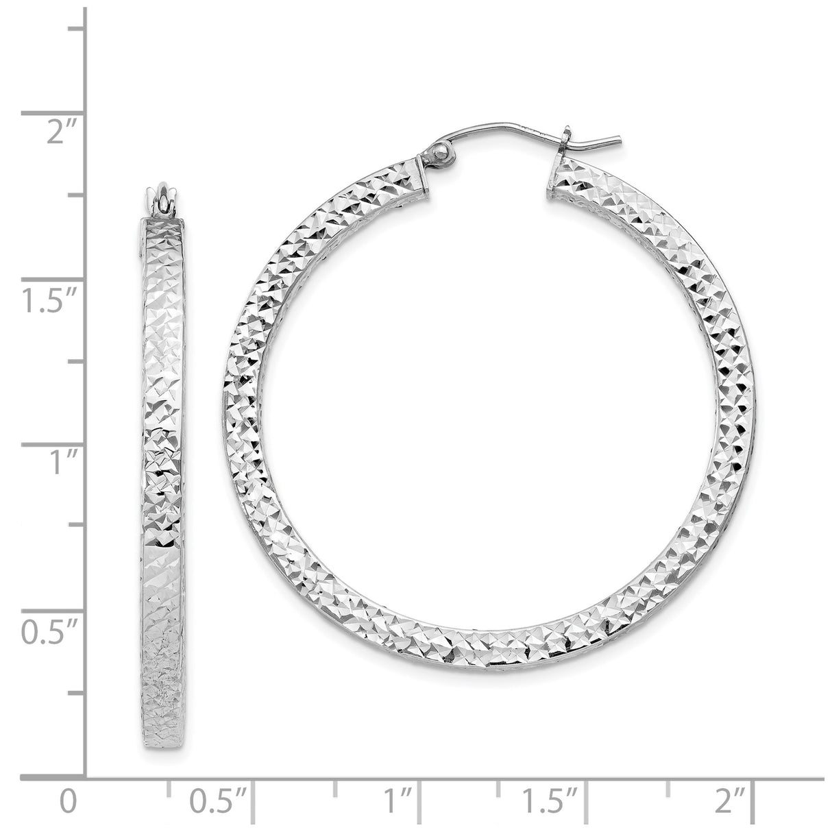Sterling Silver Hoop Earrings, Large Textured Diamond Cut Rhodium Plated Polished Hoops