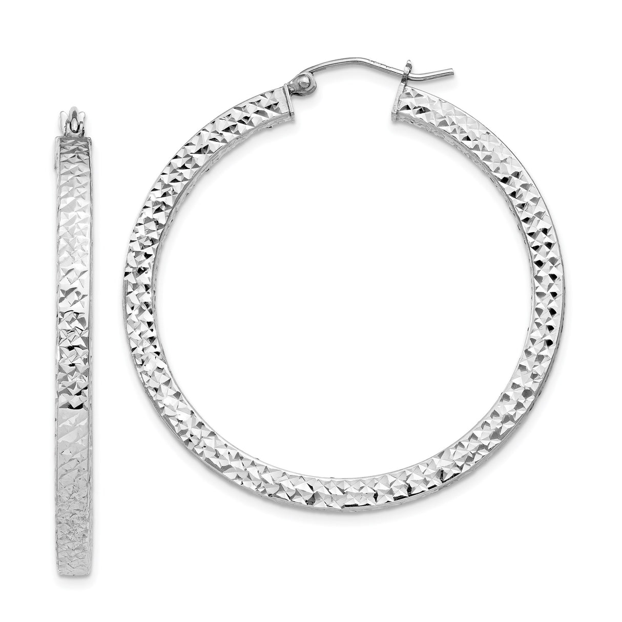 Sterling Silver Hoop Earrings, Large Textured Diamond Cut Rhodium Plated Polished Hoops