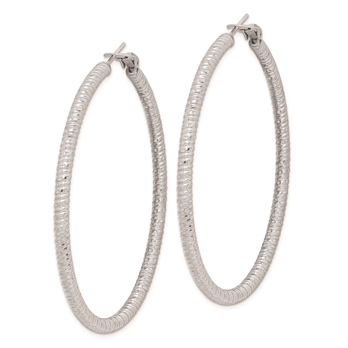 Sterling Silver Hoop Earrings, Textured Ribbed Design with High-Polish Finish