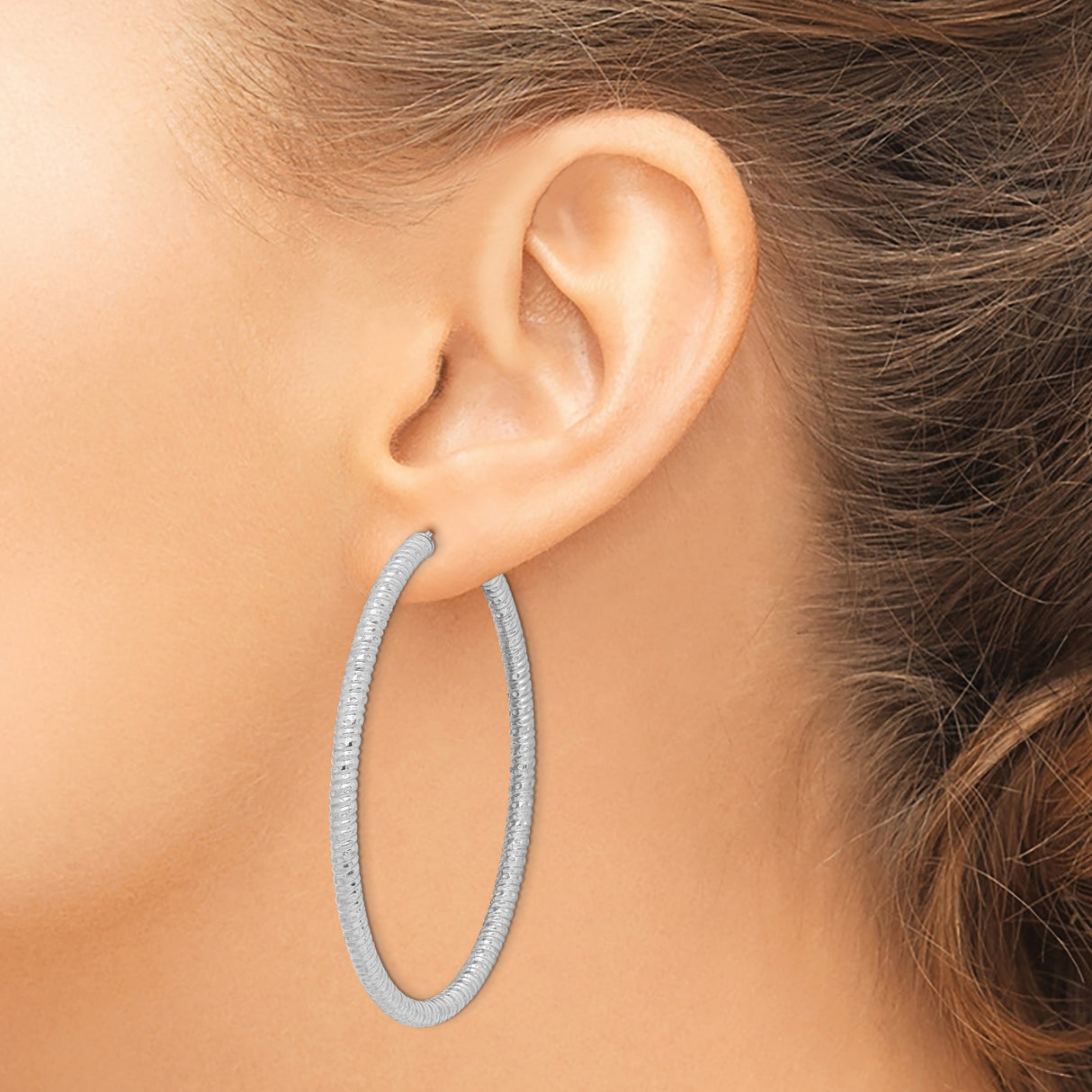 Sterling Silver Hoop Earrings, Textured Ribbed Design with High-Polish Finish