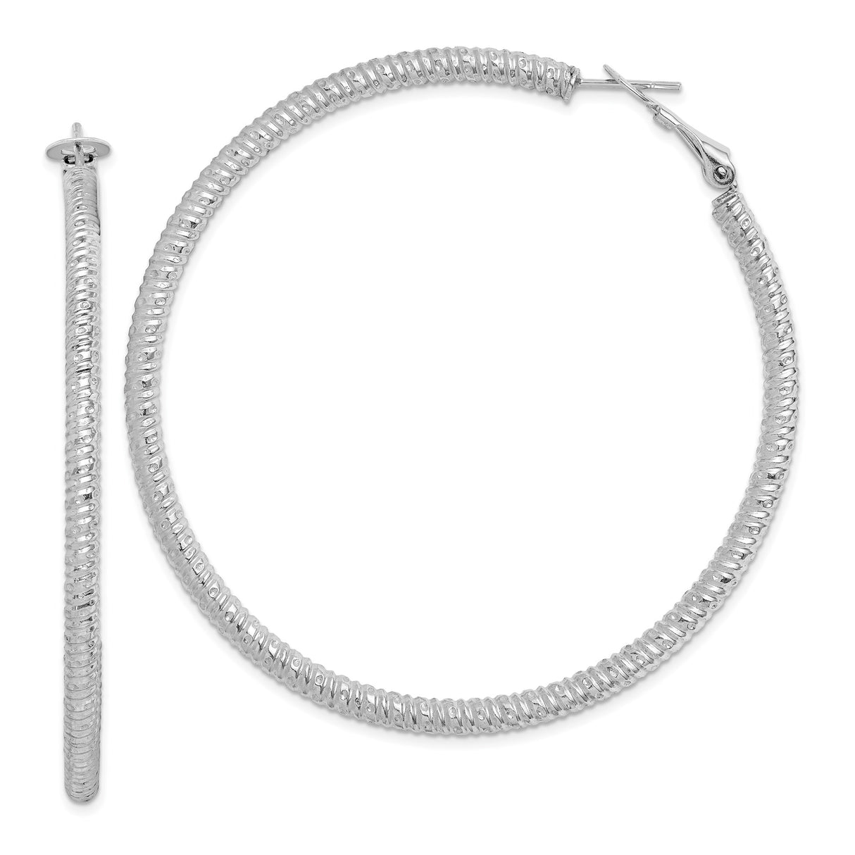 Sterling Silver Hoop Earrings, Textured Ribbed Design with High-Polish Finish