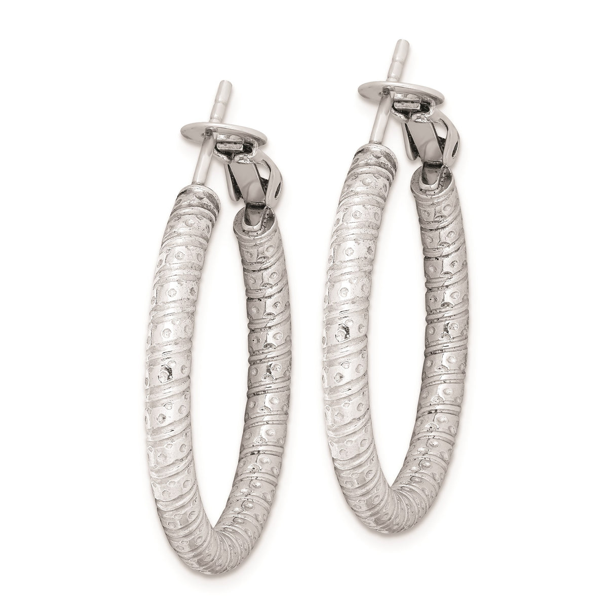 Sterling Silver Hoop Earrings with Swirl and Dot Pattern, Clip Back Closure, Polished Finish