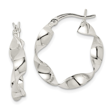 Sterling Silver Twisted Hoop Earrings, Rhodium Finish, Polished Lightweight Design for Women