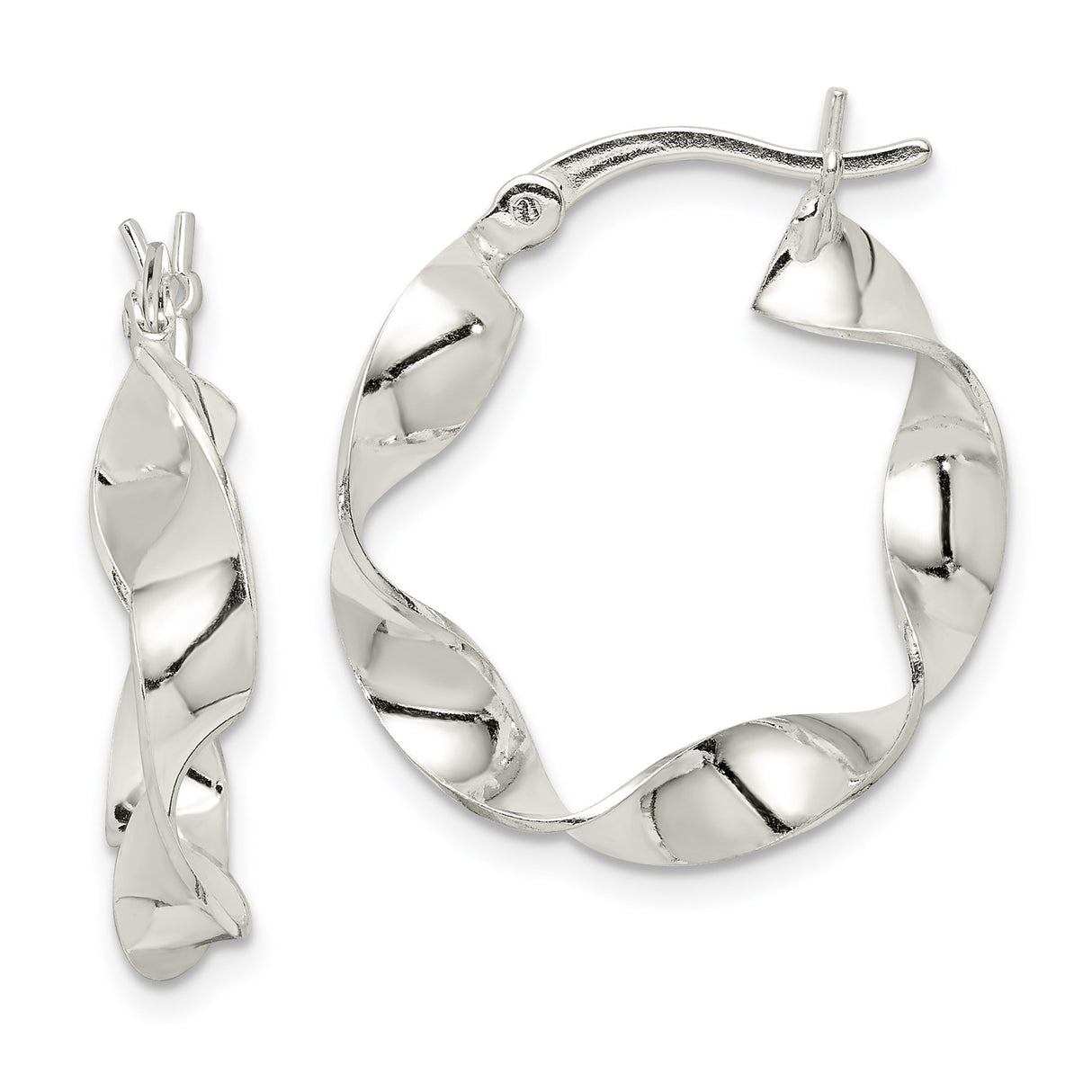 Sterling Silver Twisted Hoop Earrings, Rhodium Finish, Polished Lightweight Design for Women