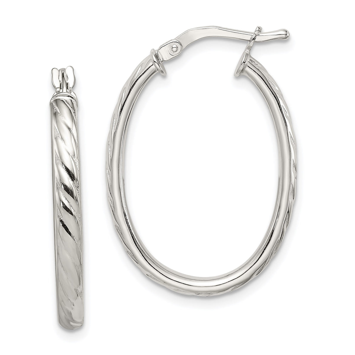 Sterling Silver Oval Hoop Earrings with Twisted Rope Design and Polished Finish