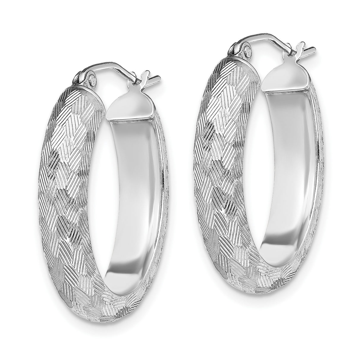 Sterling Silver Oval Hoop Earrings with Etched Herringbone Pattern, Rhodium Plated, Polished Finish