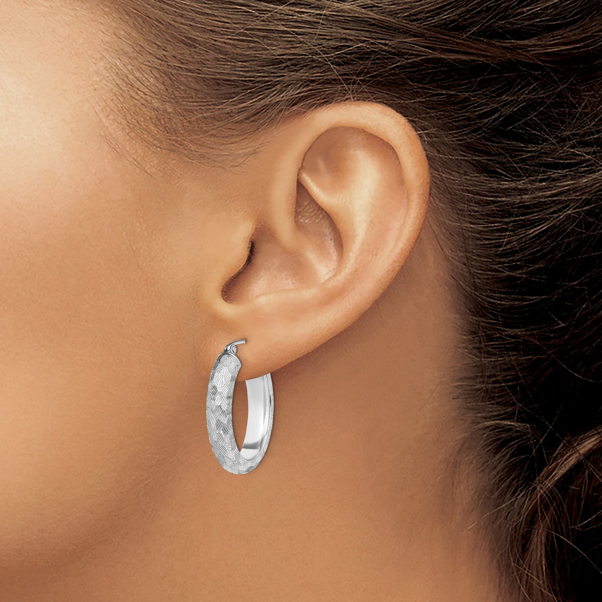 Sterling Silver Oval Hoop Earrings with Etched Herringbone Pattern, Rhodium Plated, Polished Finish