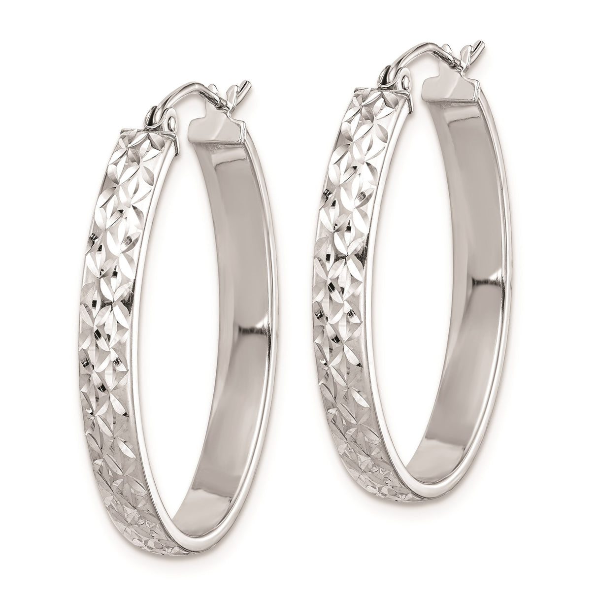 Sterling Silver Oval Hoop Earrings with Diamond Cut Textured Design for Women