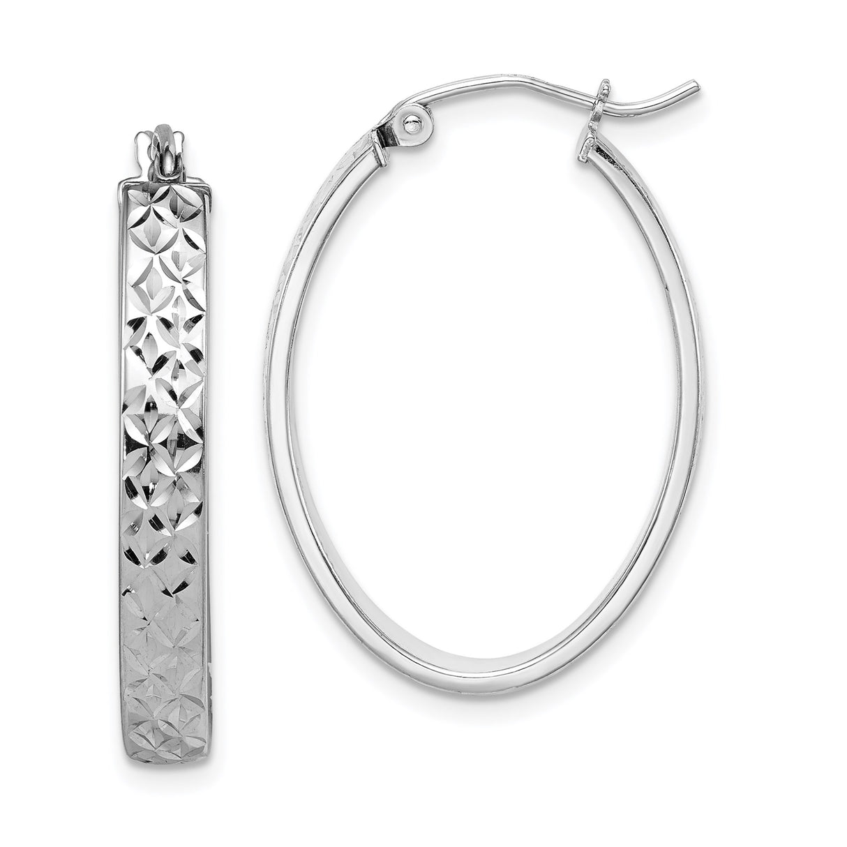 Sterling Silver Oval Hoop Earrings with Diamond Cut Textured Design for Women