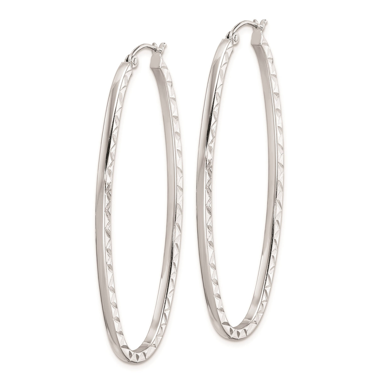 Sterling Silver Oval Hoop Earrings with Diamond Cut Textured Front, Lightweight Minimalist Design