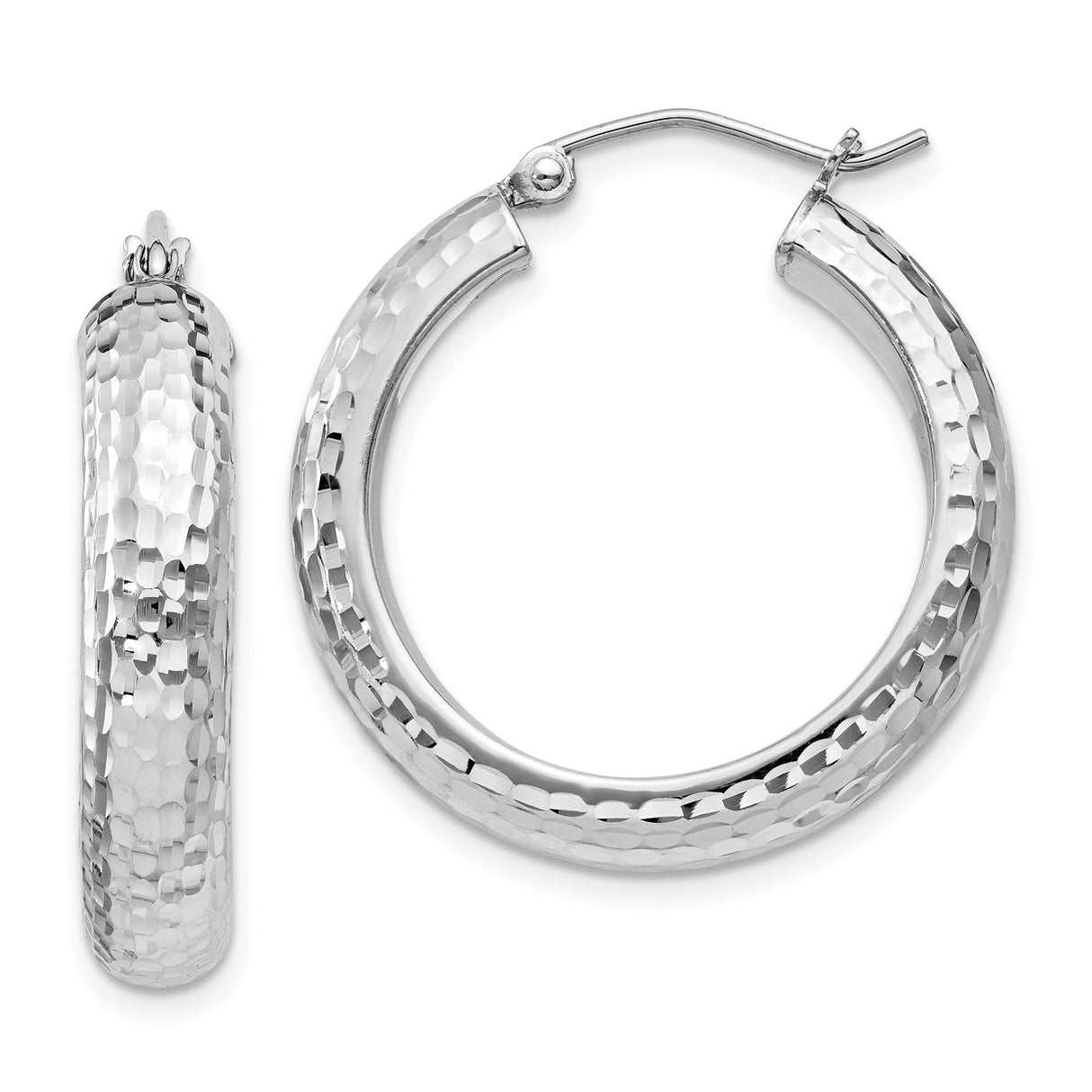 Sterling Silver Hoop Earrings, Textured Hammered Round Design with Latch-Back Clasp