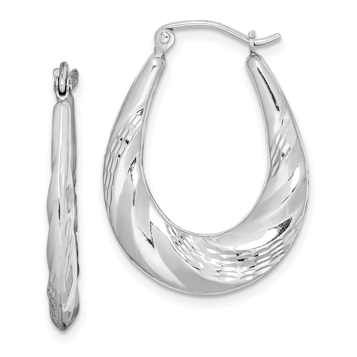 Sterling Silver Twisted Oval Hoop Earrings with Diamond Cut Textured Finish