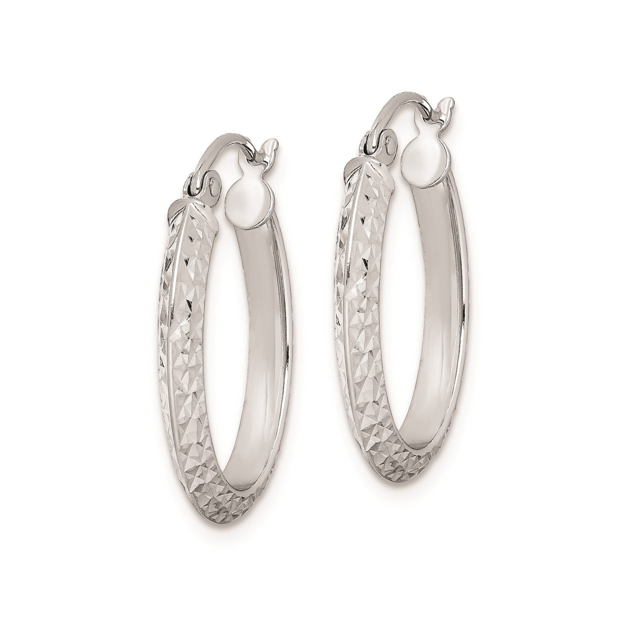 Sterling Silver Oval Hoop Earrings with Textured Diamond-Cut Design, Latch-Back Closure