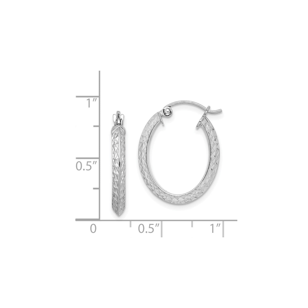 Sterling Silver Oval Hoop Earrings with Textured Diamond-Cut Design, Latch-Back Closure