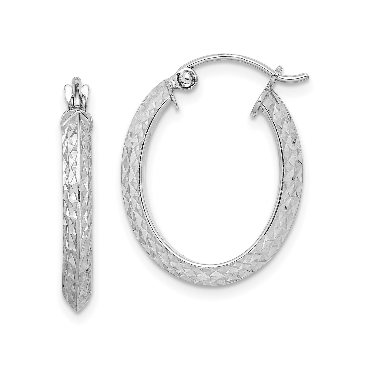Sterling Silver Oval Hoop Earrings with Textured Diamond-Cut Design, Latch-Back Closure