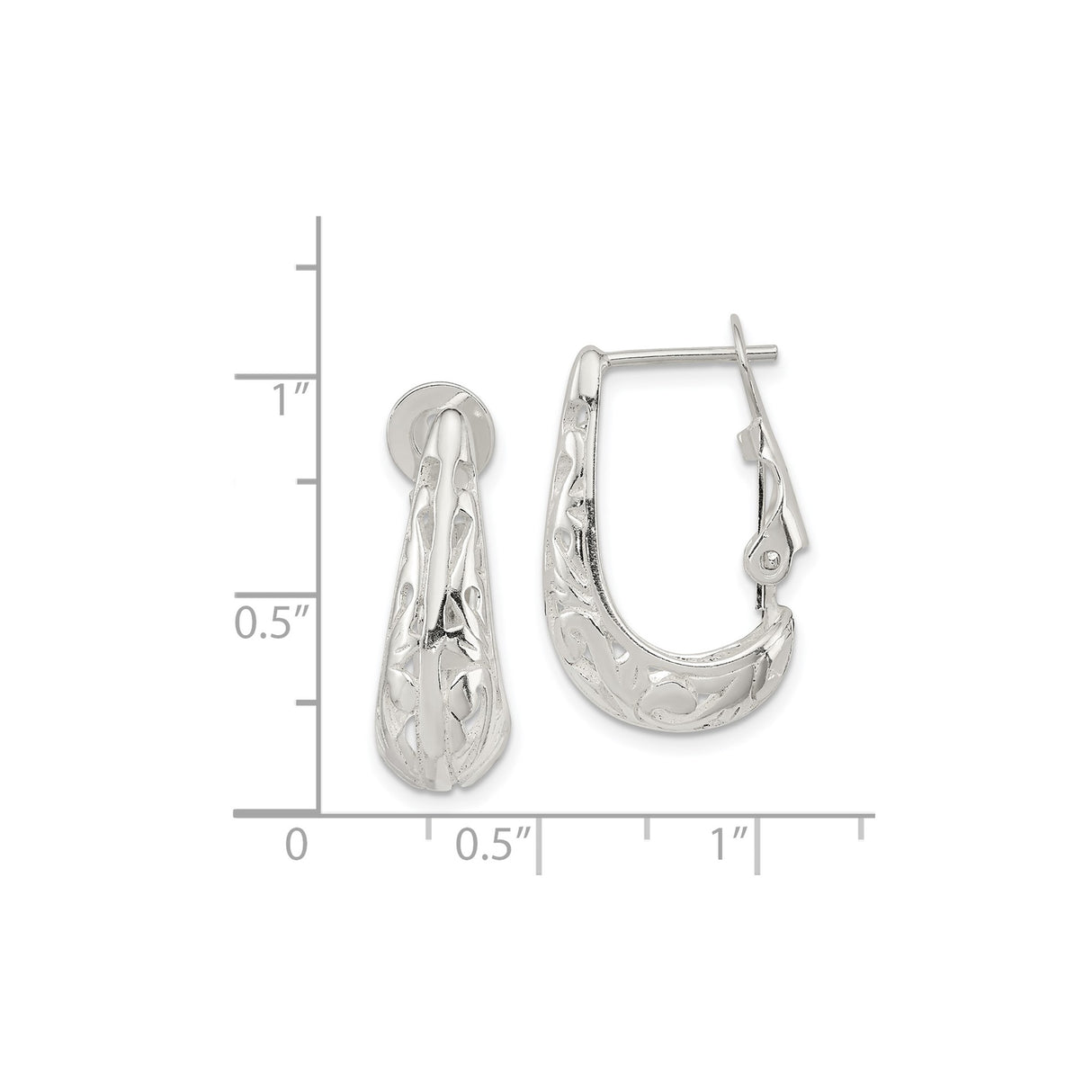 Sterling Silver Hoop Earrings with Filigree Swirl Design, Hinged Drop Style with Omega Back