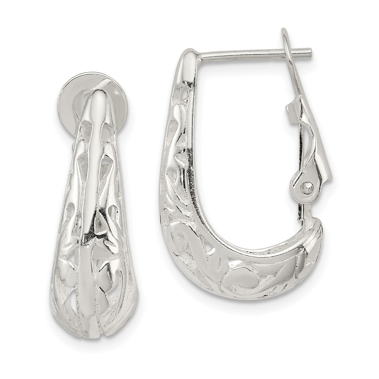 Sterling Silver Hoop Earrings with Filigree Swirl Design, Hinged Drop Style with Omega Back