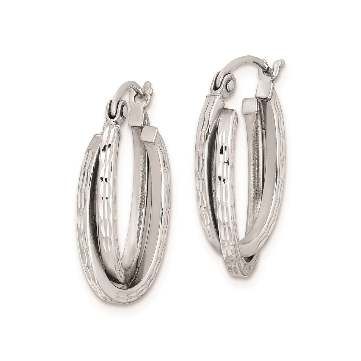 Sterling Silver Oval Hoop Earrings with Twisted Diamond Cut Design for Women