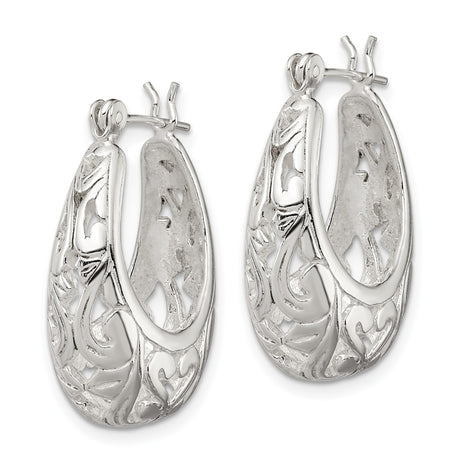 Sterling Silver Hoop Earrings with Filigree Heart Design, Romantic Openwork Pattern