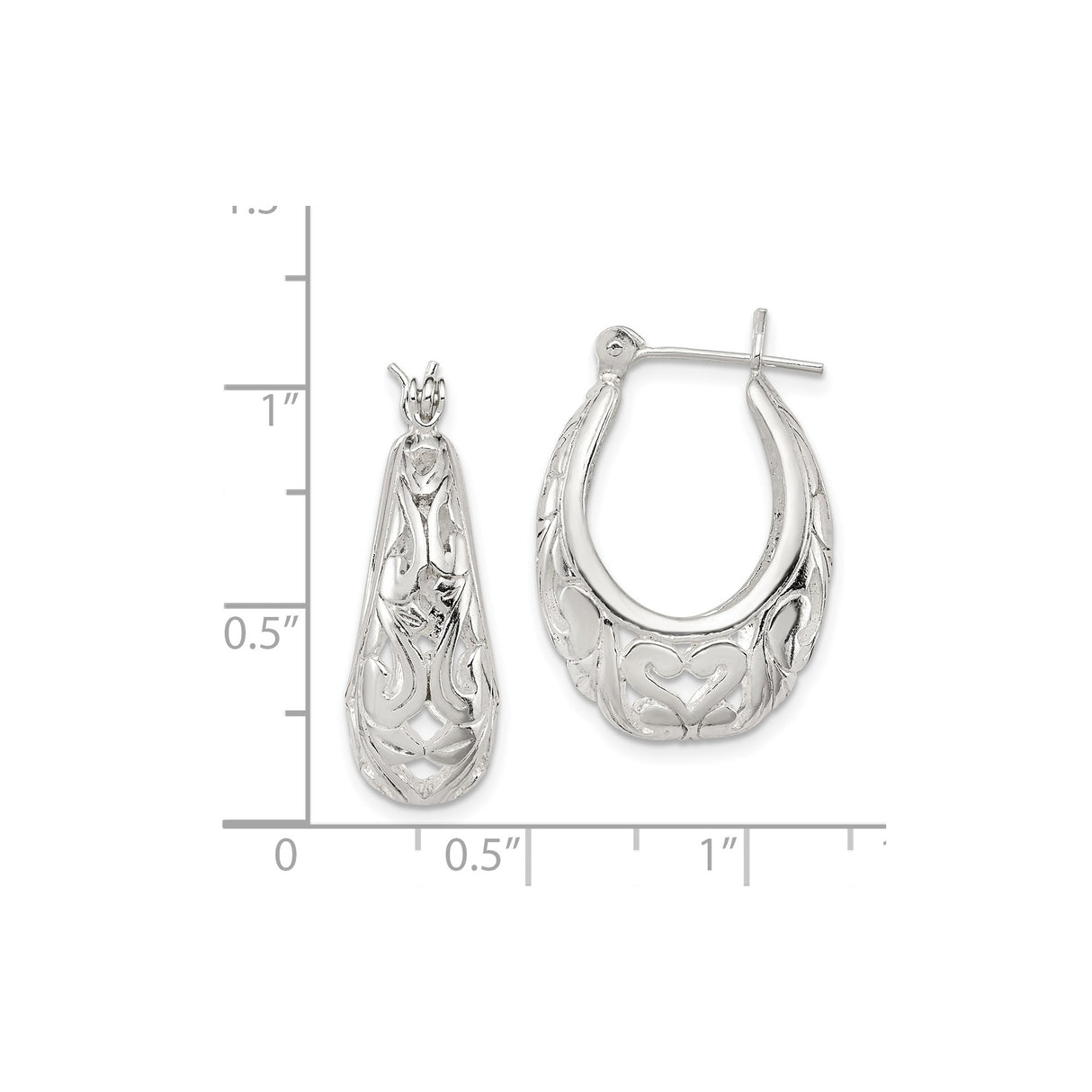 Sterling Silver Hoop Earrings with Filigree Heart Design, Romantic Openwork Pattern