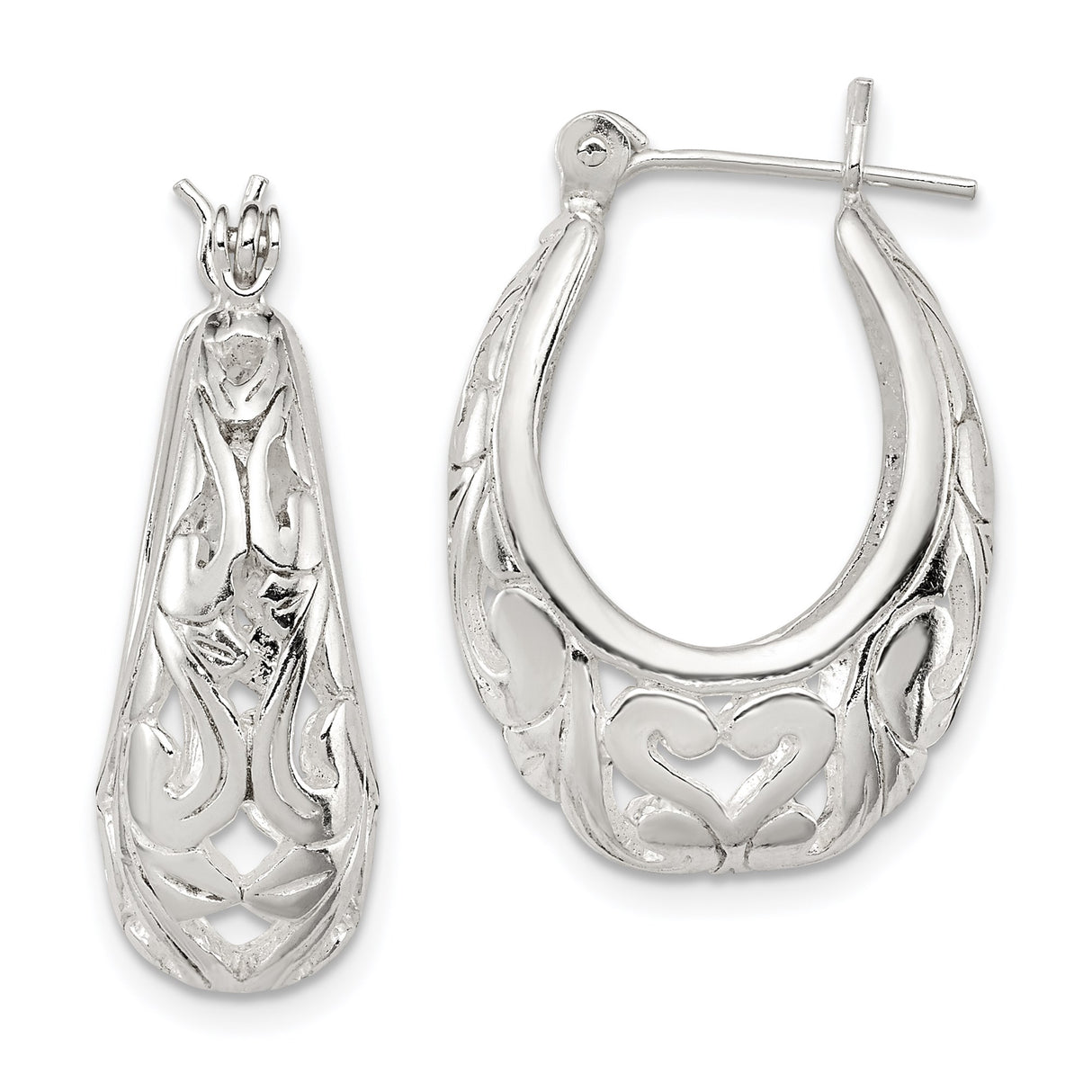 Sterling Silver Hoop Earrings with Filigree Heart Design, Romantic Openwork Pattern