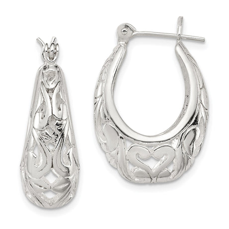 Sterling Silver Hoop Earrings with Filigree Heart Design, Romantic Openwork Pattern