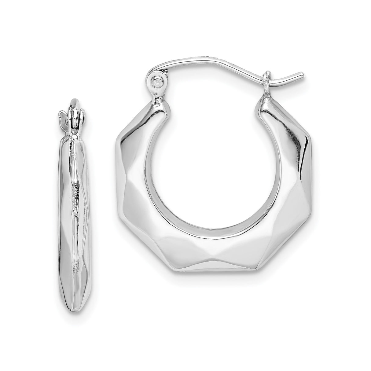Sterling Silver Hoop Earrings, Faceted Geometric Design, Polished Minimalist Style for Women