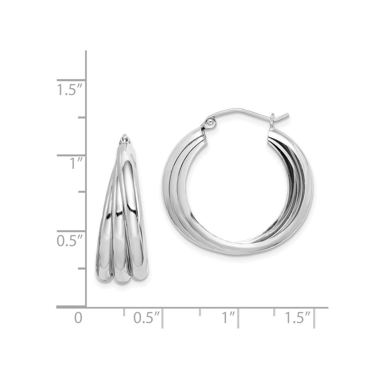 Sterling Silver Hoop Earrings, Polished Triple Row Twisted Design, Medium Size