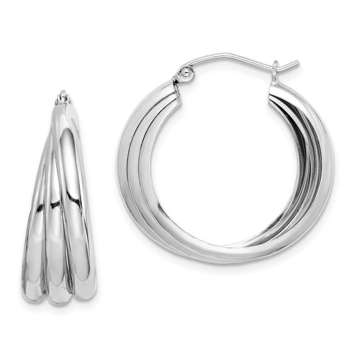 Sterling Silver Hoop Earrings, Polished Triple Row Twisted Design, Medium Size