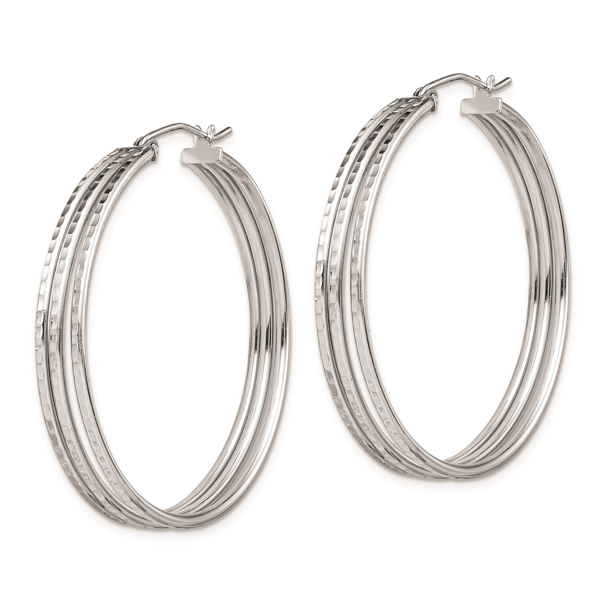 Sterling Silver Triple Row Hoop Earrings, Polished Textured Finish, Lightweight Modern Style