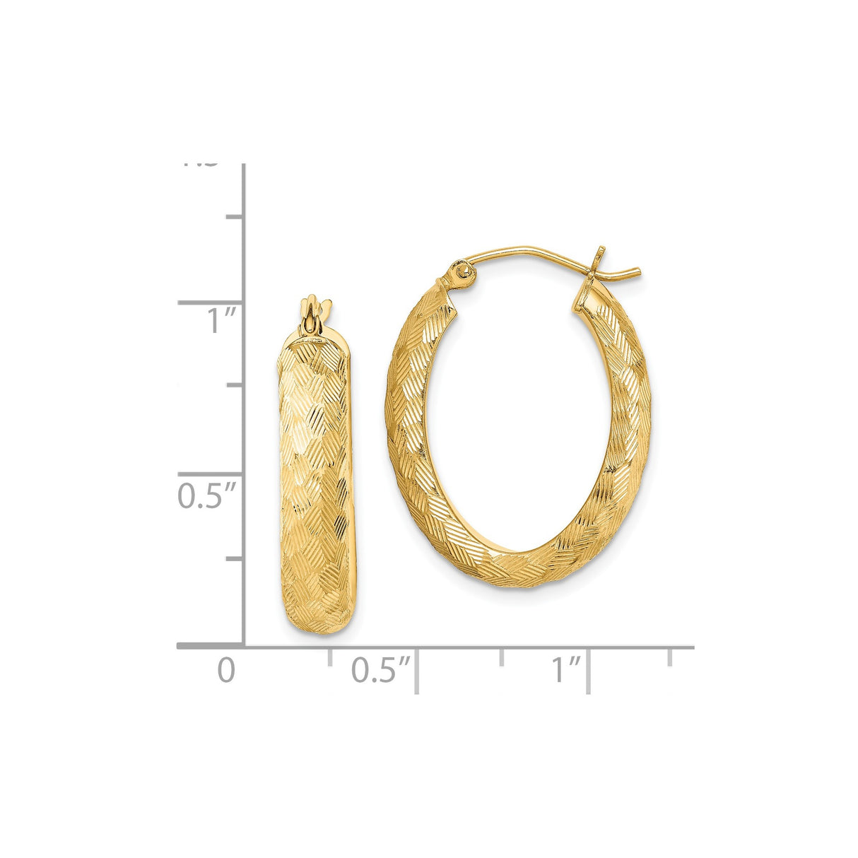 Sterling Silver Oval Hoop Earrings with Textured Diamond Cut Design, Lightweight Polished Finish