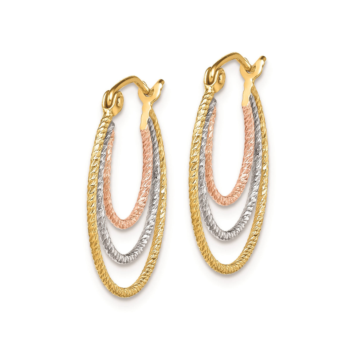 Sterling Silver Hoop Earrings with Tri-Tone Yellow, White and Rose Gold-Plated Textured Loops