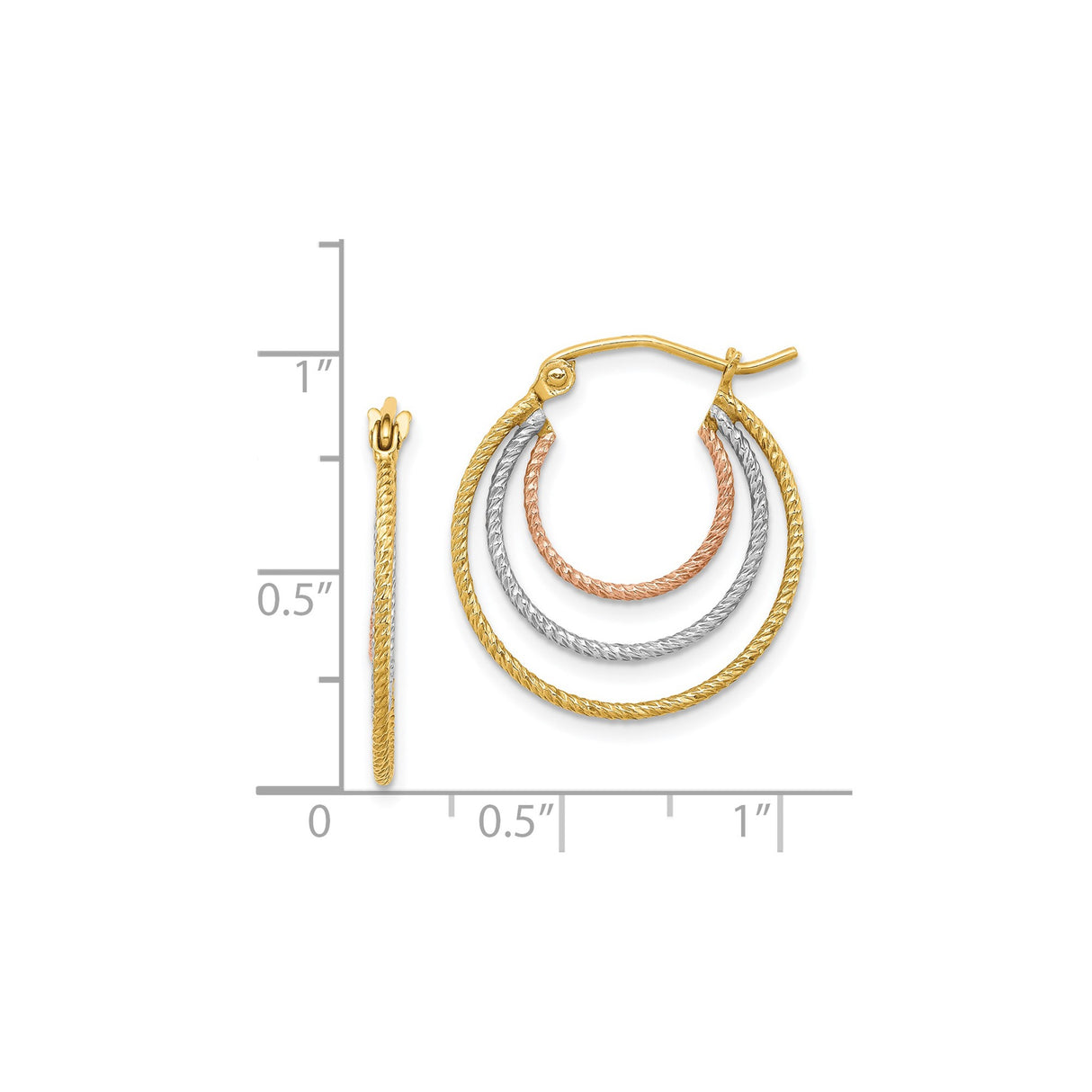 Sterling Silver Hoop Earrings with Tri-Tone Yellow, White and Rose Gold-Plated Textured Loops