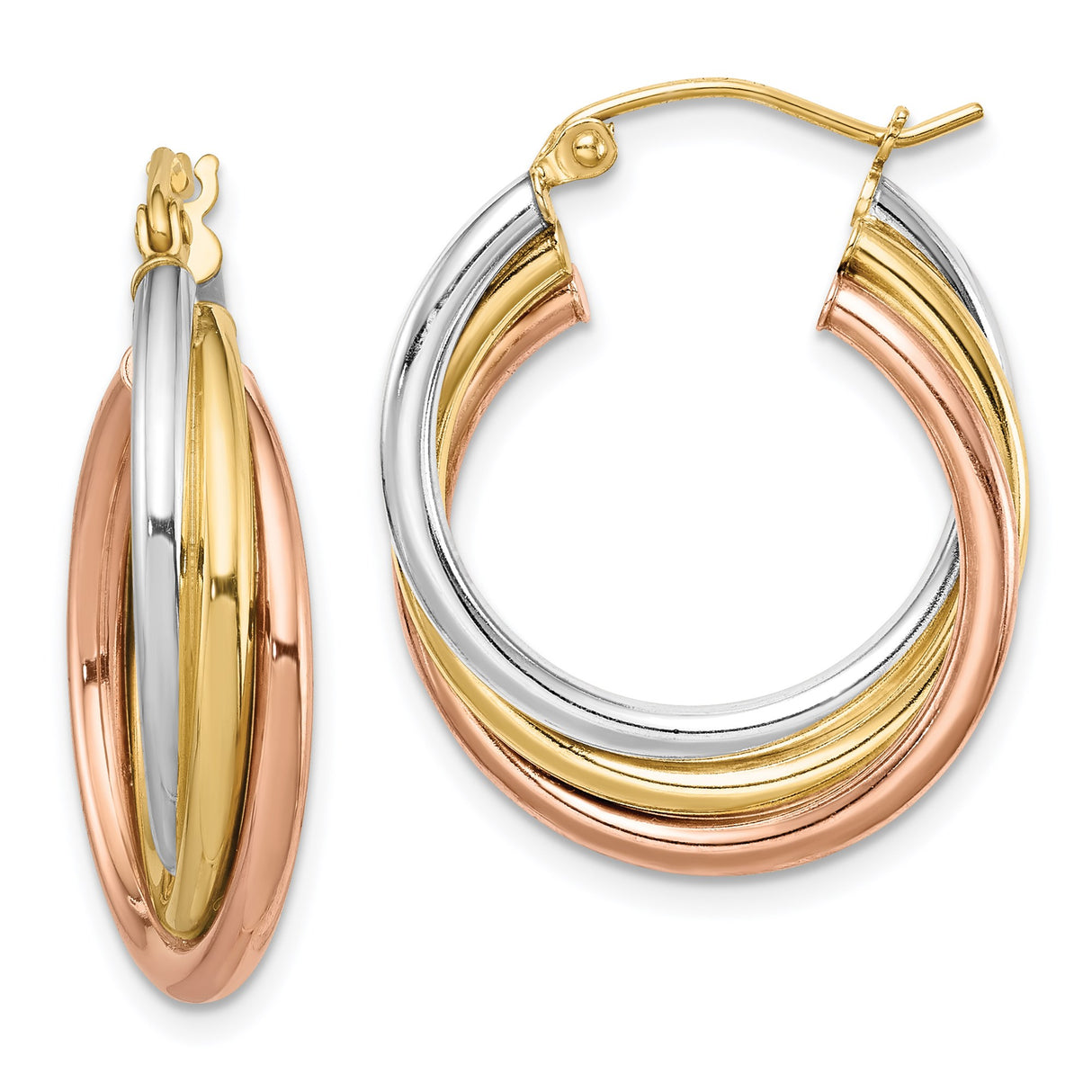 Sterling Silver Hoop Earrings, Twisted Tri-Color Rose Gold, Yellow Gold, and White Silver Layers