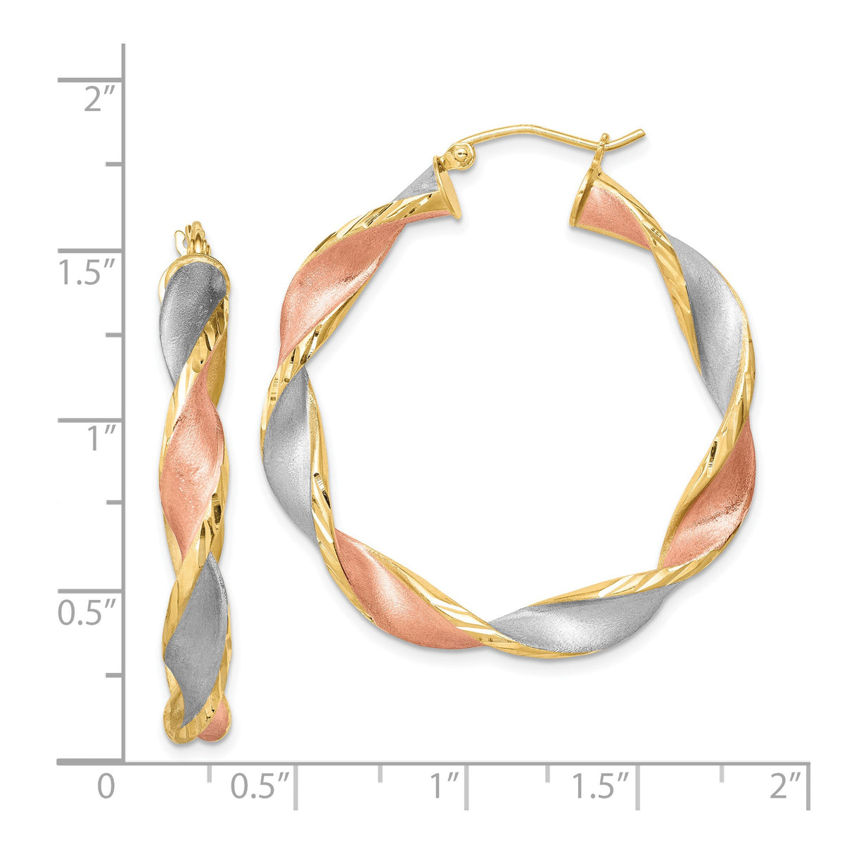 Sterling Silver Twisted Tri-Color Hoop Earrings with Rose, Yellow, and White Finish for Women