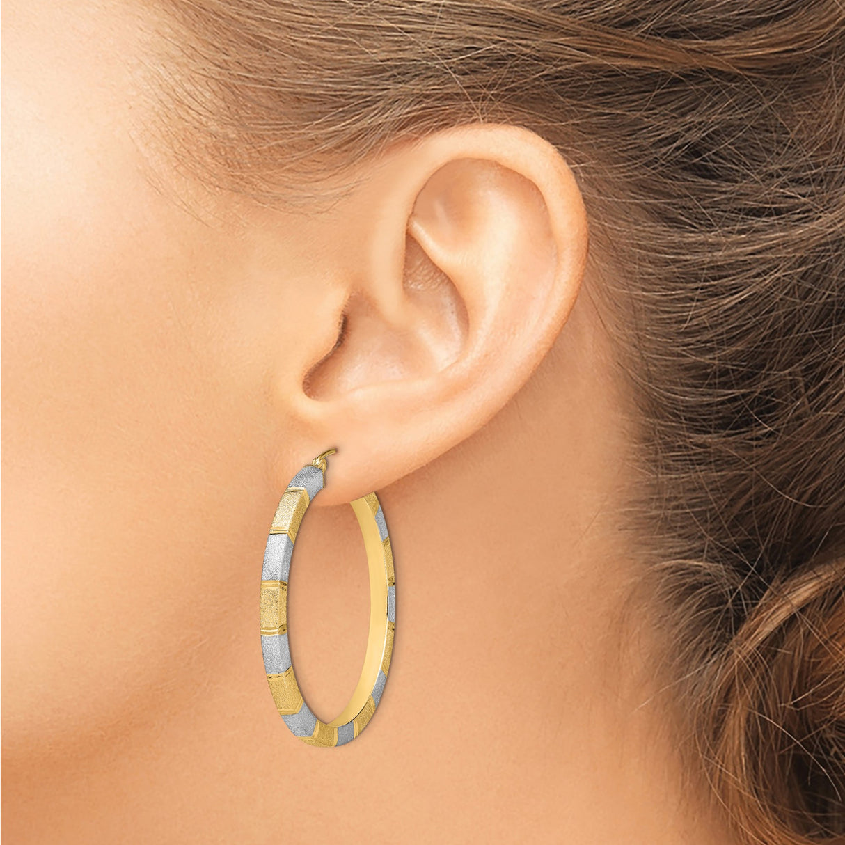 Sterling Silver Two Tone Hoop Earrings with Gold and Silver Striped Design for Women