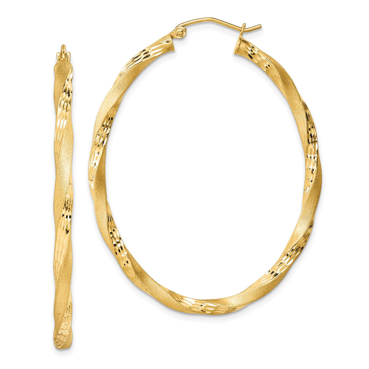 Sterling Silver Twisted Hoop Earrings, Gold Tone Finish, Diamond Cut Texture, Lightweight Oval Design