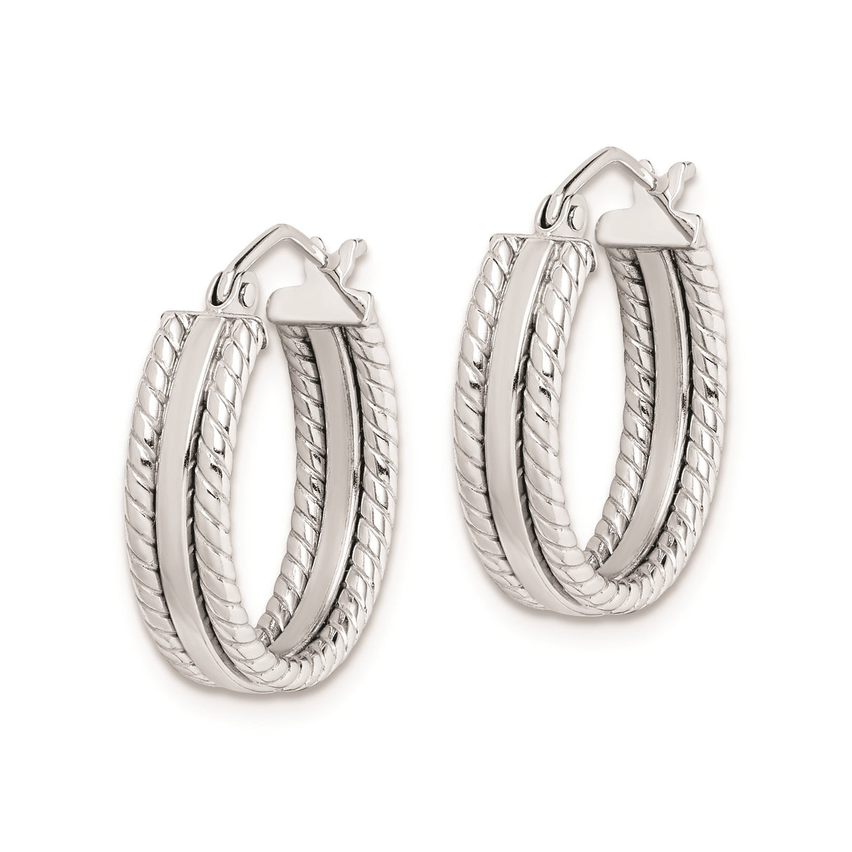 Sterling Silver Hoop Earrings with Twisted Rope Design and Polished Center Band